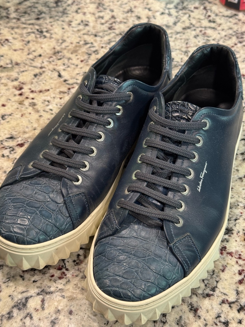 Salvatore Ferragamo Men's Dark Blue Leather Sneakers with Cream Sole